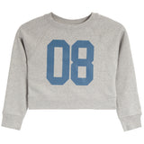 A light heather gray cropped sweatshirt with a large blue '08' graphic printed on the front, displayed flat against a white background.