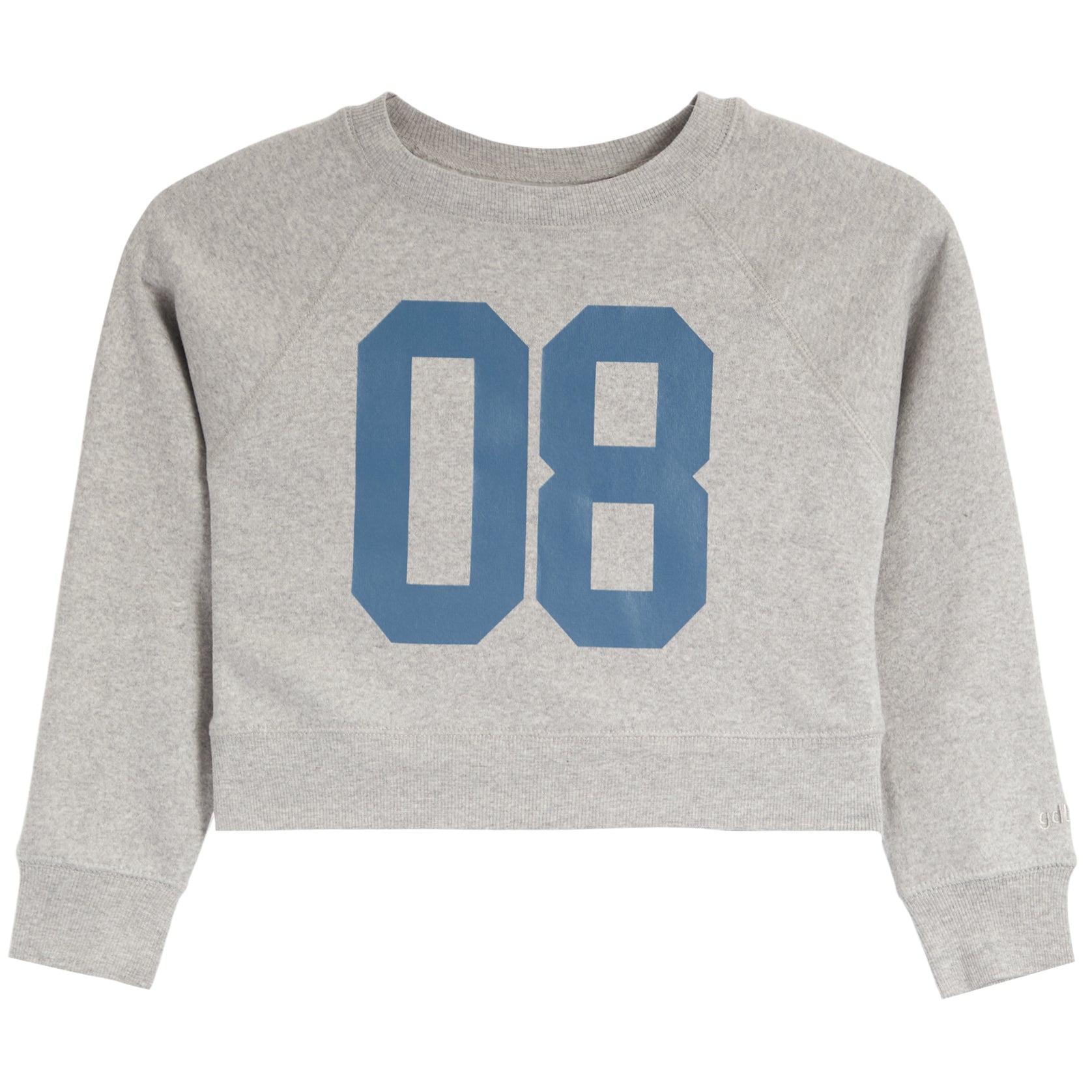 A light heather gray cropped sweatshirt with a large blue '08' graphic printed on the front, displayed flat against a white background.