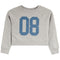 A light heather gray cropped sweatshirt with a large blue '08' graphic printed on the front, displayed flat against a white background.