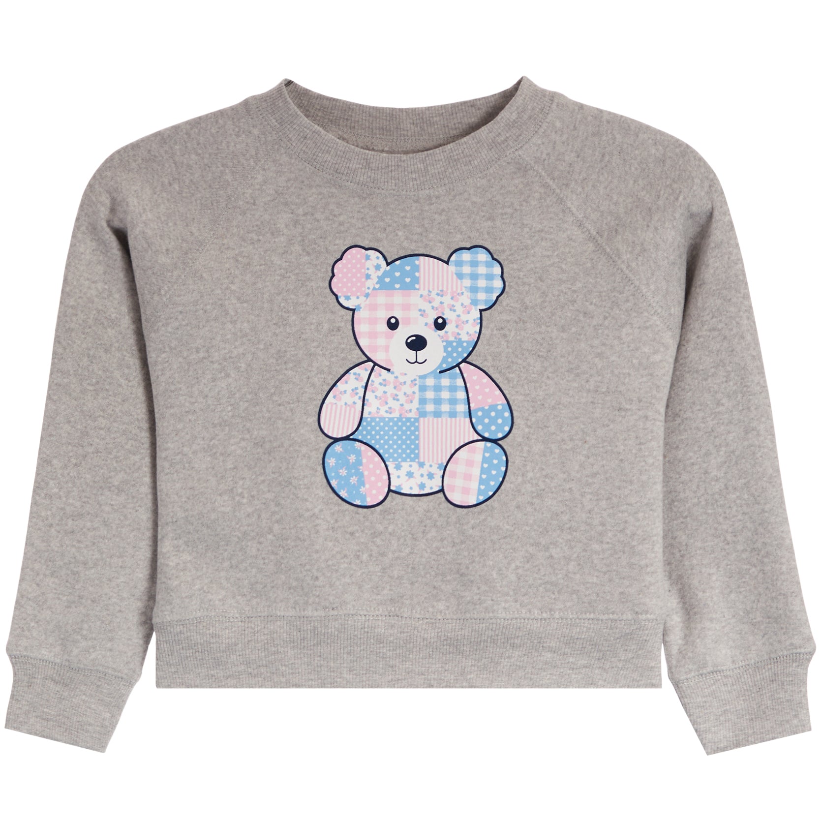 A heather gray long-sleeve crewneck sweatshirt for toddlers, featuring a central patchwork teddy bear graphic in pastel pink and blue tones.