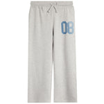 Light heather gray sweatpants with a light blue '08' printed on the left thigh, featuring an elastic waistband and drawstring.