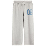 Light heather gray sweatpants with a light blue '08' printed on the left thigh, featuring an elastic waistband and drawstring.
