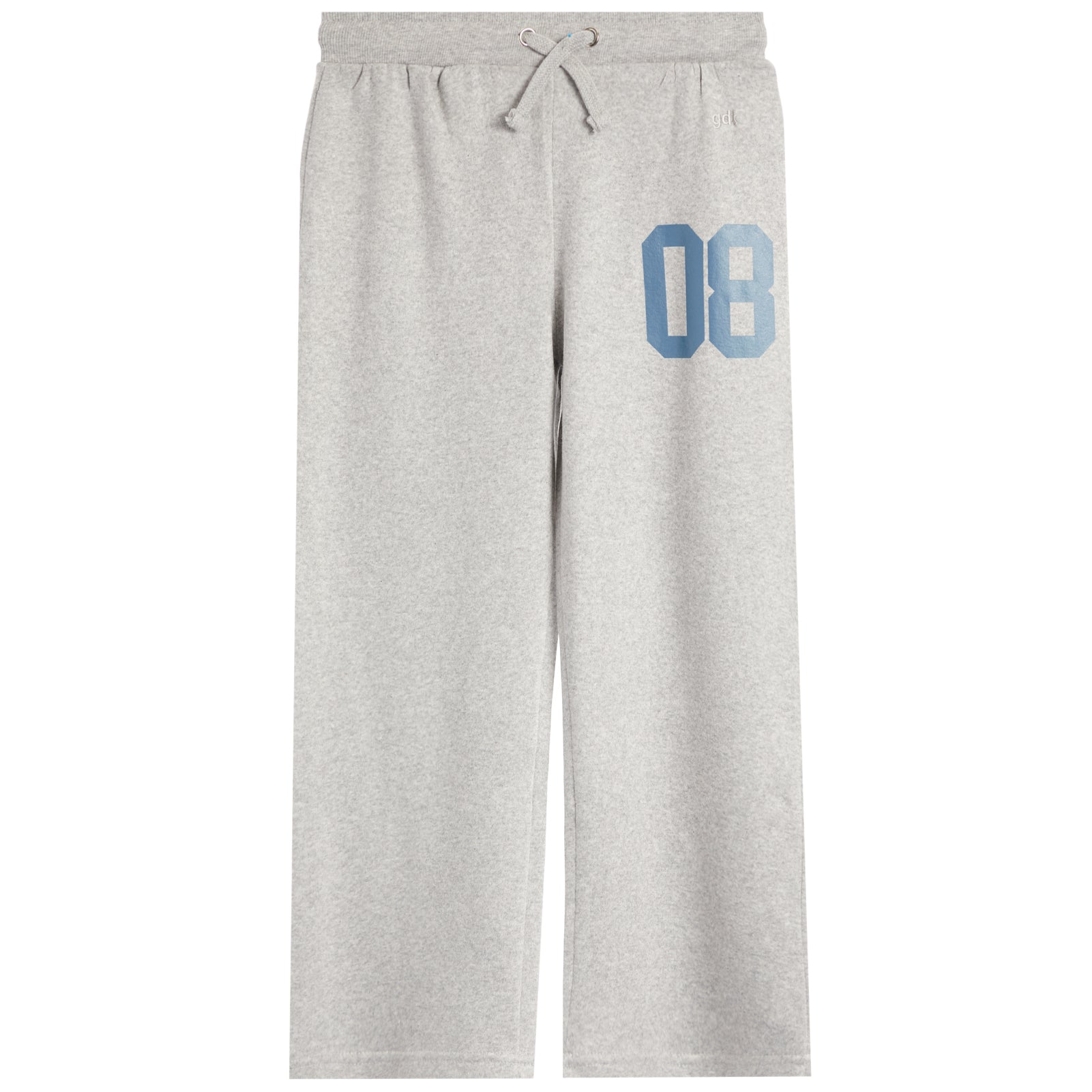Light heather gray sweatpants with a light blue '08' printed on the left thigh, featuring an elastic waistband and drawstring.