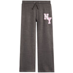 Dark gray heather sweatpants with a pink and white 'NY' graphic on the left thigh and a black drawstring waist.