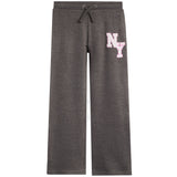 Dark gray heather sweatpants with a pink and white 'NY' graphic on the left thigh and a black drawstring waist.