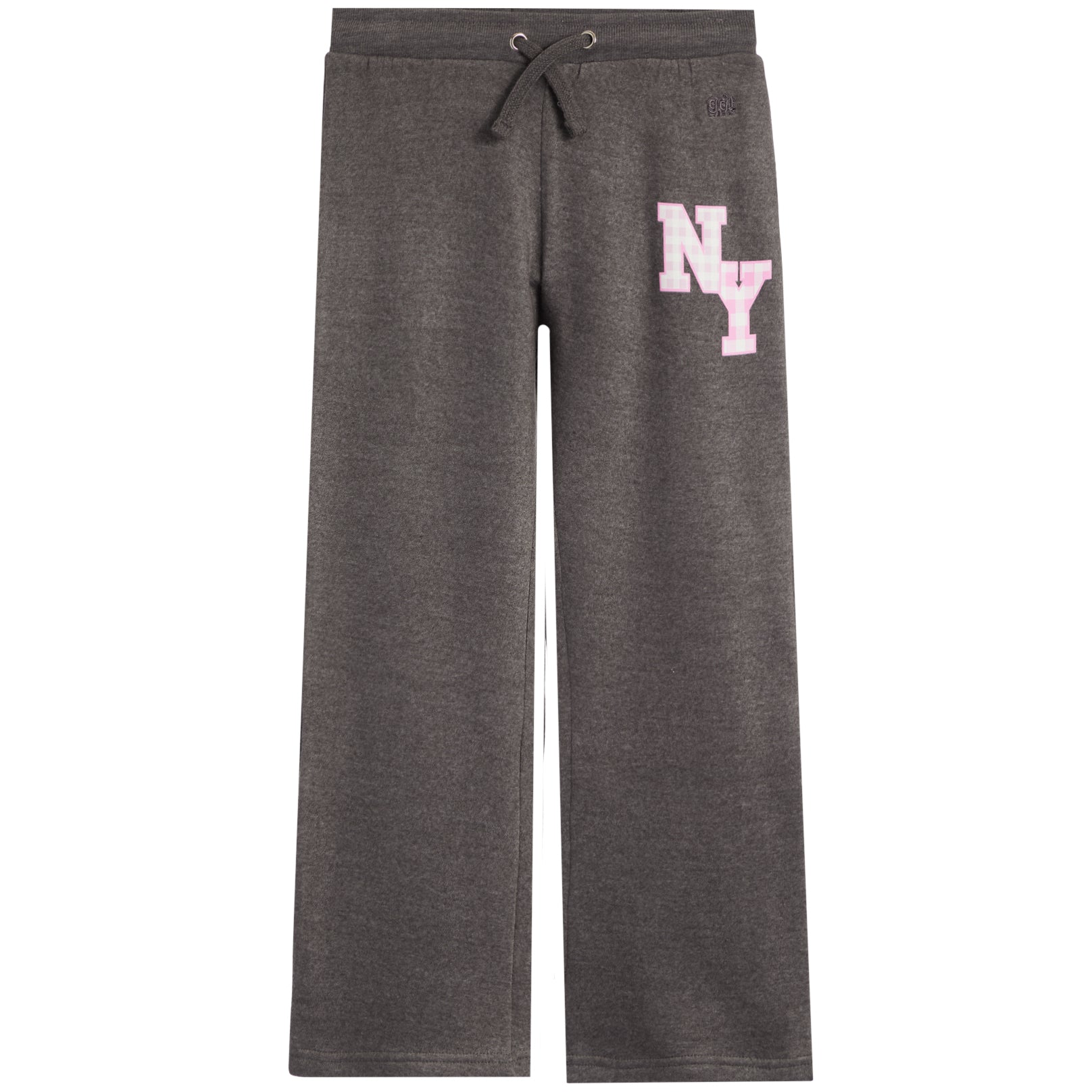 Dark gray heather sweatpants with a pink and white 'NY' graphic on the left thigh and a black drawstring waist.