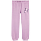 Purple jogger sweatpants with a bow and heart design on the leg against a white background
