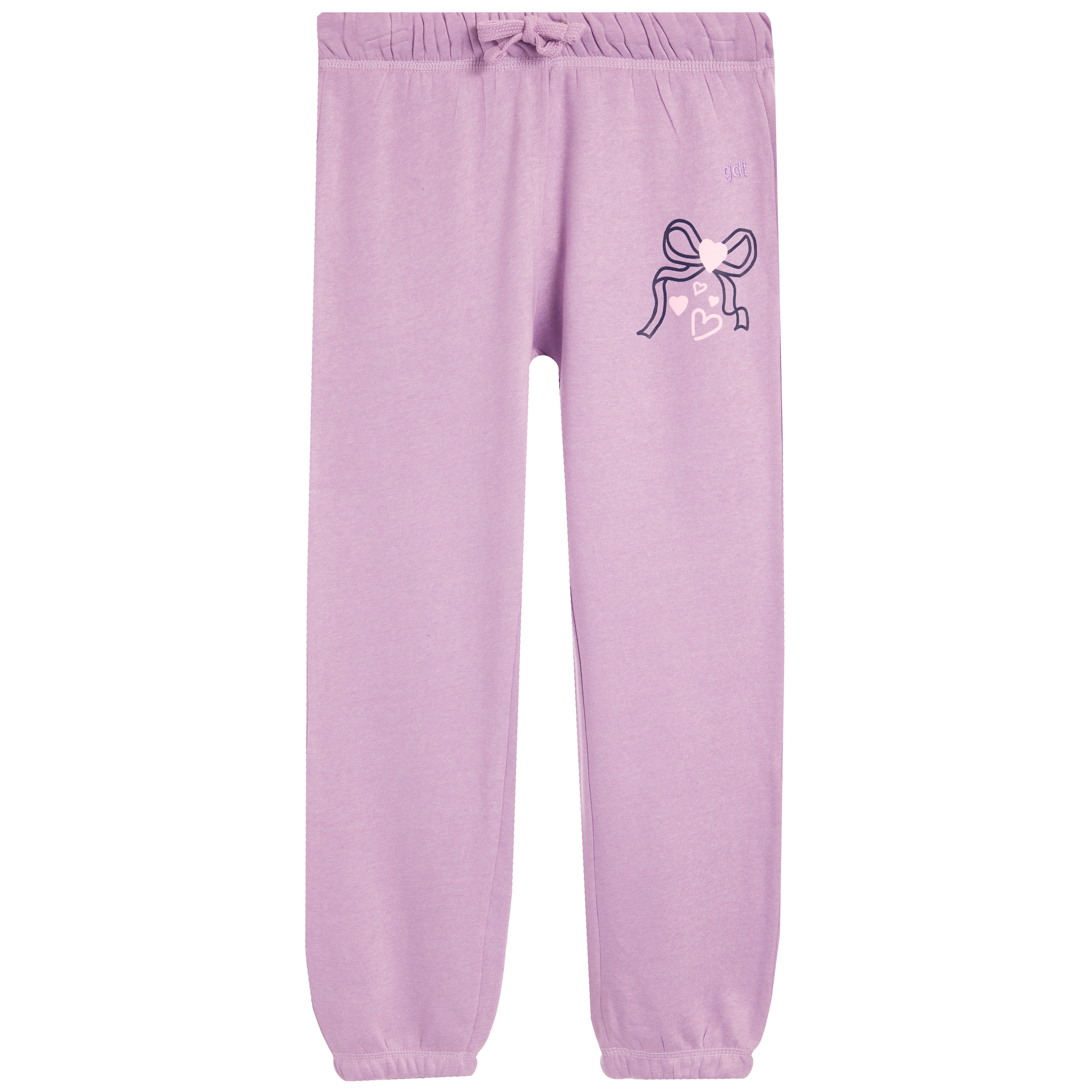 Purple jogger sweatpants with a bow and heart design on the leg against a white background