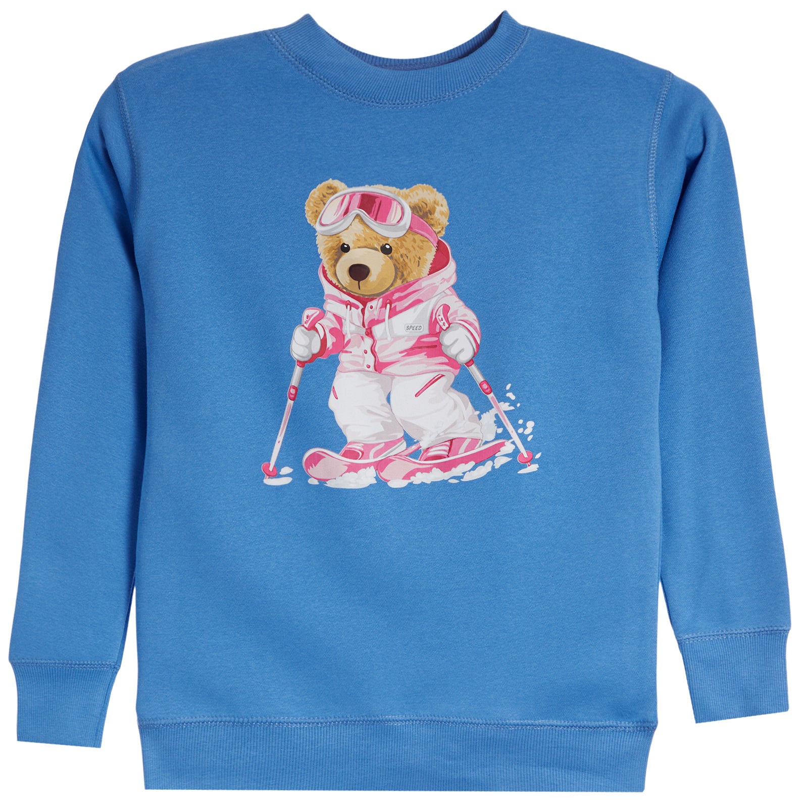 A blue crewneck sweatshirt featuring a central graphic of a cartoon teddy bear wearing a pink and white ski suit, goggles, and holding ski poles.
