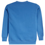 A bright blue crewneck sweatshirt shown from the back, featuring long sleeves with ribbed cuffs and a ribbed hem, photographed against a plain white background.