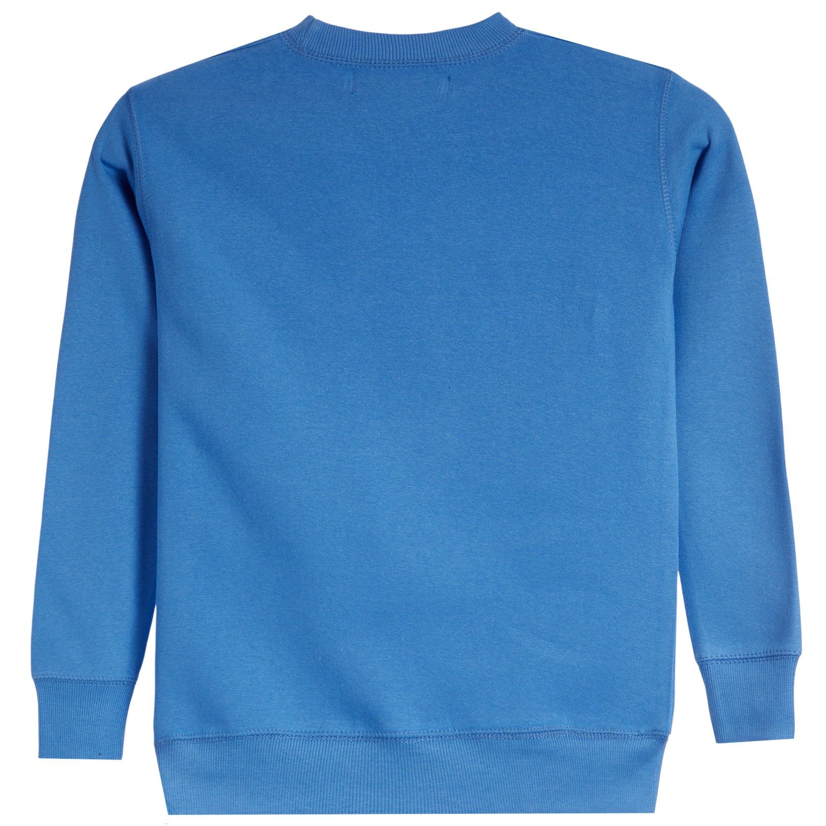 A bright blue crewneck sweatshirt shown from the back, featuring long sleeves with ribbed cuffs and a ribbed hem, photographed against a plain white background.