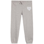 Light gray heather jogger pants with an elastic waistband, drawstring, and a small white heart graphic on the upper left leg.