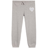 Light gray heather jogger pants with an elastic waistband, drawstring, and a small white heart graphic on the upper left leg.