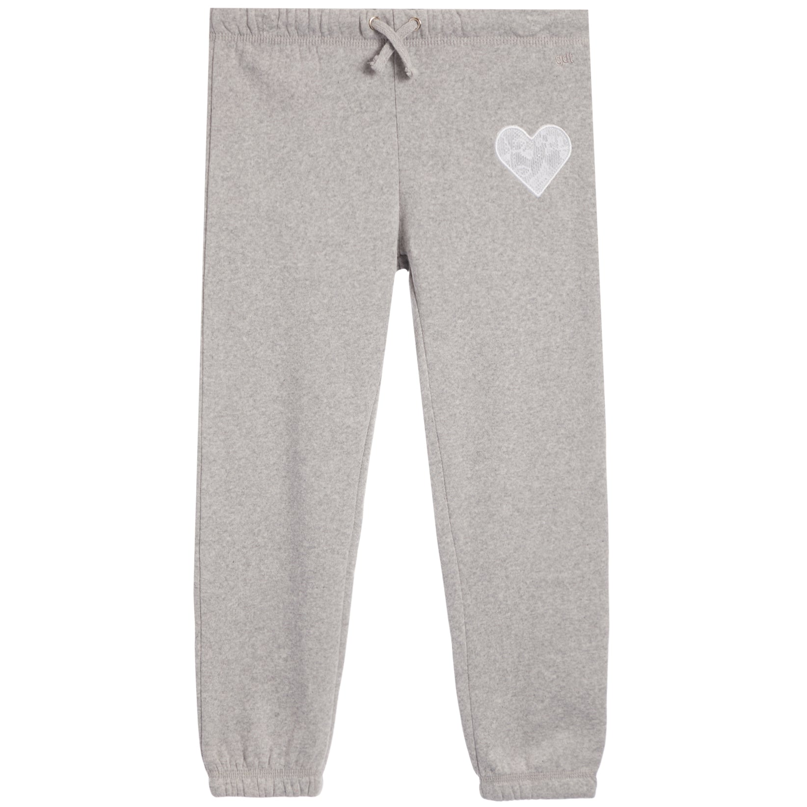 Light gray heather jogger pants with an elastic waistband, drawstring, and a small white heart graphic on the upper left leg.