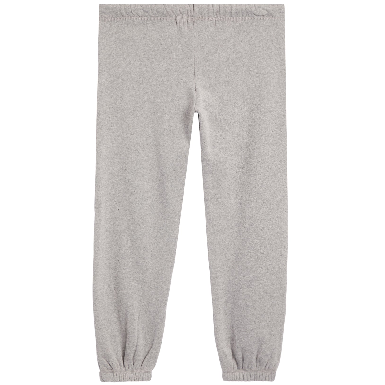 Light heather gray sweatpants with an elastic waistband and elastic ankle cuffs, shown flat against a white background.