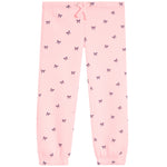 Pink jogger pants with an all-over small black bow print, featuring an elastic waistband with a matching drawstring and elastic ankle cuffs.