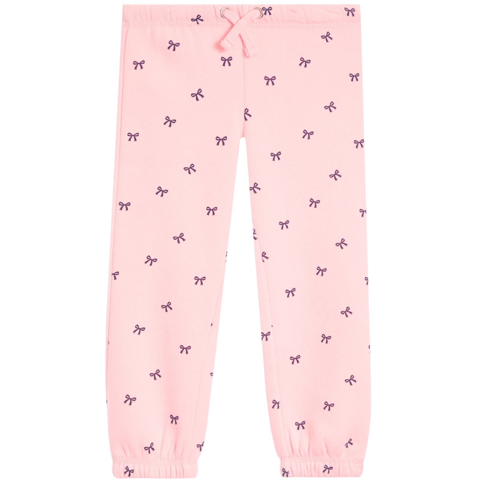 Pink jogger pants with an all-over small black bow print, featuring an elastic waistband with a matching drawstring and elastic ankle cuffs.