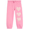 Pink sweatpants with three light pink heart patches decorated with tiny floral details, arranged vertically on the left leg. The pants feature an elastic waistband with a matching drawstring and elastic cuffs at the ankles.