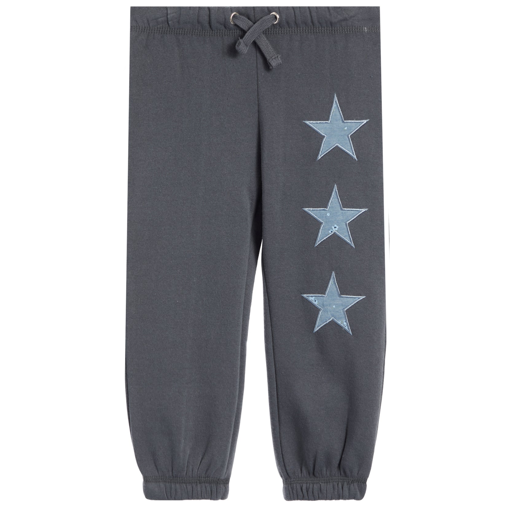 Dark gray jogger pants with three light blue denim star patches arranged vertically on the left leg, featuring an elastic waistband with a drawstring and elastic cuffs.
