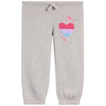 Light heather gray sweatpants with a pink and blue striped heart patch and small pink stars on the left thigh, featuring an elastic waistband with a drawstring and elastic cuffs.