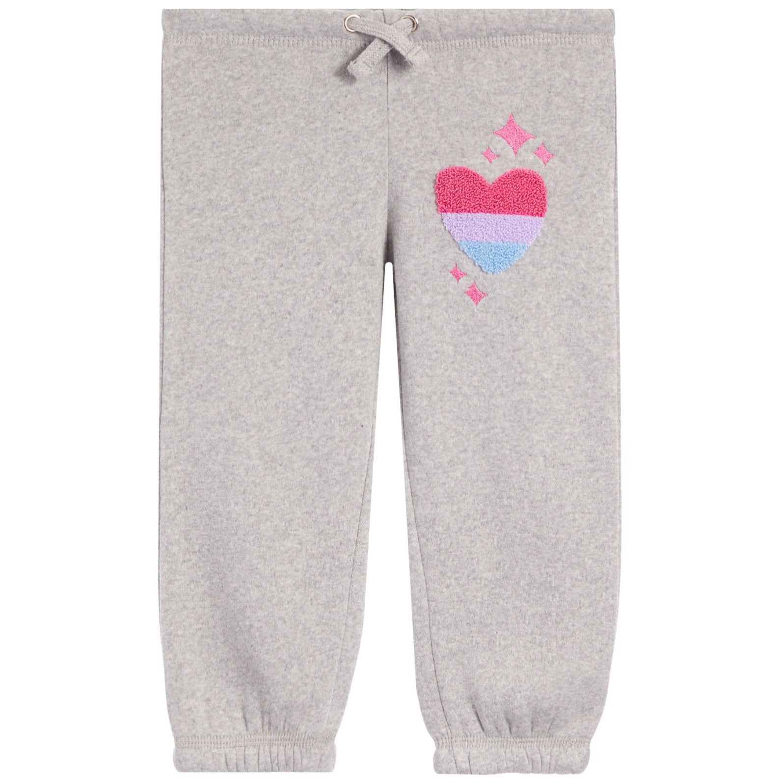 Light heather gray sweatpants with a pink and blue striped heart patch and small pink stars on the left thigh, featuring an elastic waistband with a drawstring and elastic cuffs.