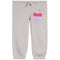 Light heather gray sweatpants with a pink and blue striped heart patch and small pink stars on the left thigh, featuring an elastic waistband with a drawstring and elastic cuffs.
