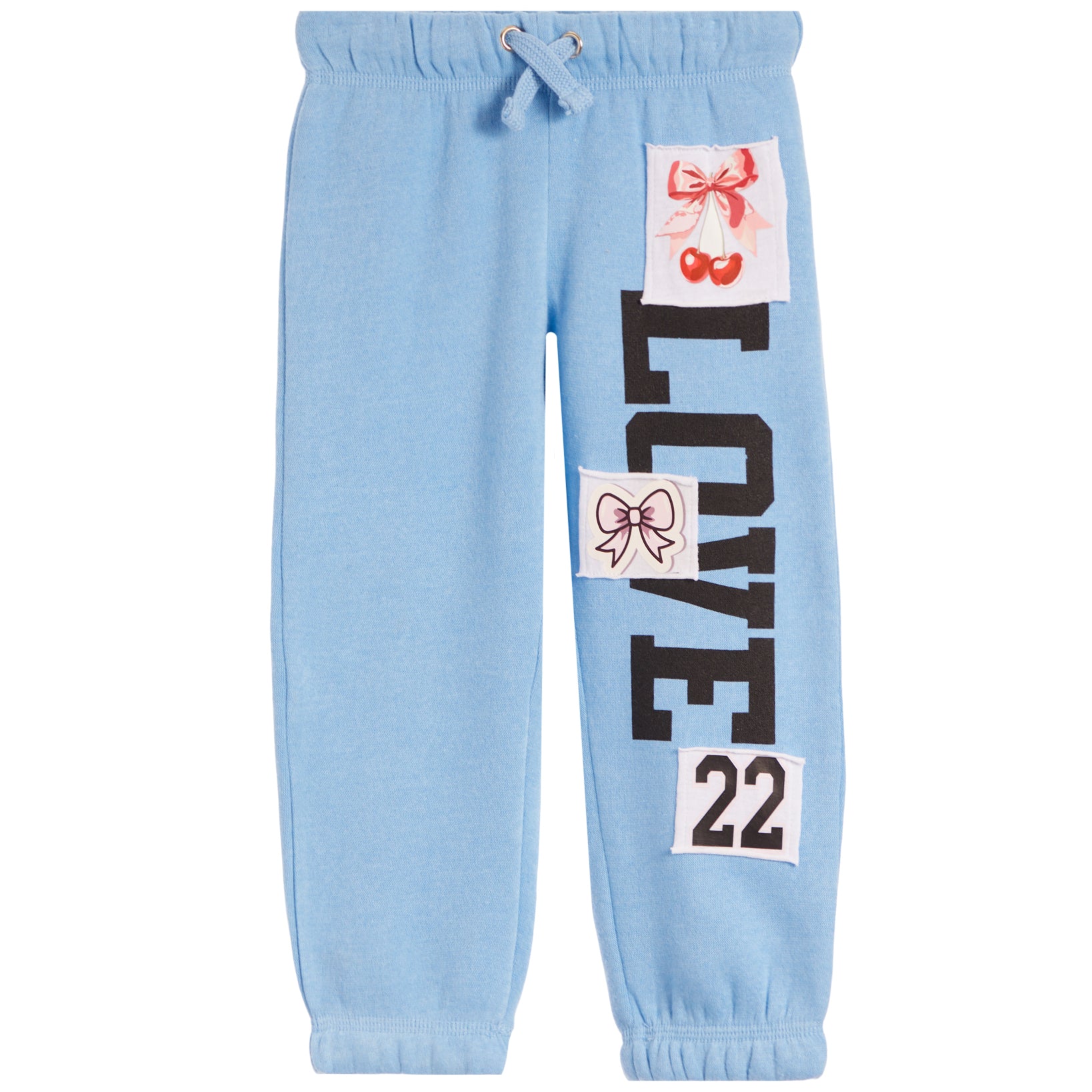 Light blue jogger sweatpants with a vertical 'LOVE' text print and decorative patchwork details on the left leg, including bows and the number '22'.