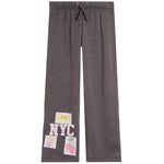 Dark gray heather sweatpants with a drawstring waist and decorative NYC-themed patches on the lower left leg featuring pink and yellow cherries and bows.