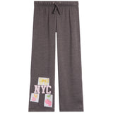Dark gray heather sweatpants with a drawstring waist and decorative NYC-themed patches on the lower left leg featuring pink and yellow cherries and bows.