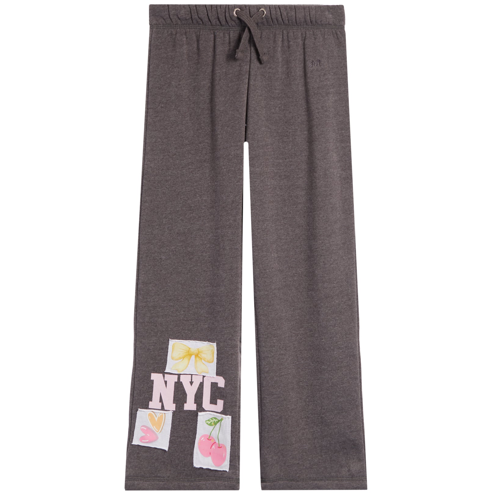 Dark gray heather sweatpants with a drawstring waist and decorative NYC-themed patches on the lower left leg featuring pink and yellow cherries and bows.