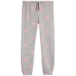 Light gray heather jogger pants with an allover pink bow pattern, featuring an elastic waistband with a drawstring.