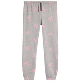 Light gray heather jogger pants with an allover pink bow pattern, featuring an elastic waistband with a drawstring.