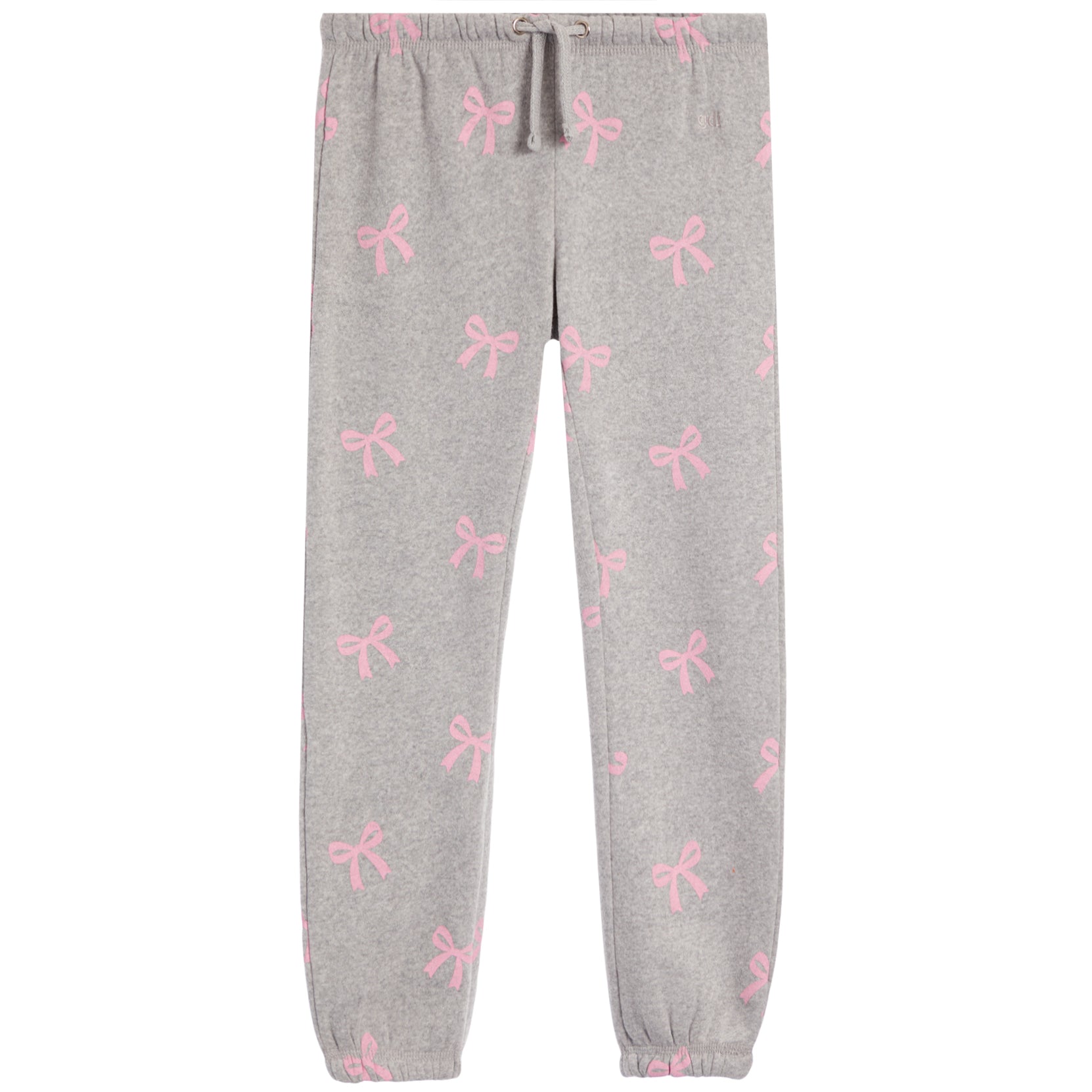 Light gray heather jogger pants with an allover pink bow pattern, featuring an elastic waistband with a drawstring.