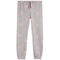 Light gray heather jogger pants with an allover pink bow pattern, featuring an elastic waistband with a drawstring.