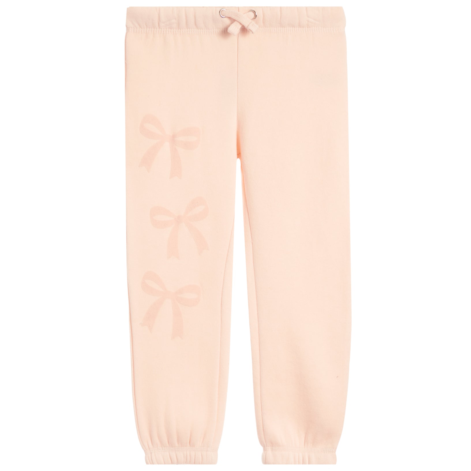 Light peach pink sweatpants with a subtle tonal bow pattern printed down the left leg, featuring an elastic waistband with a drawstring and elastic cuffs.