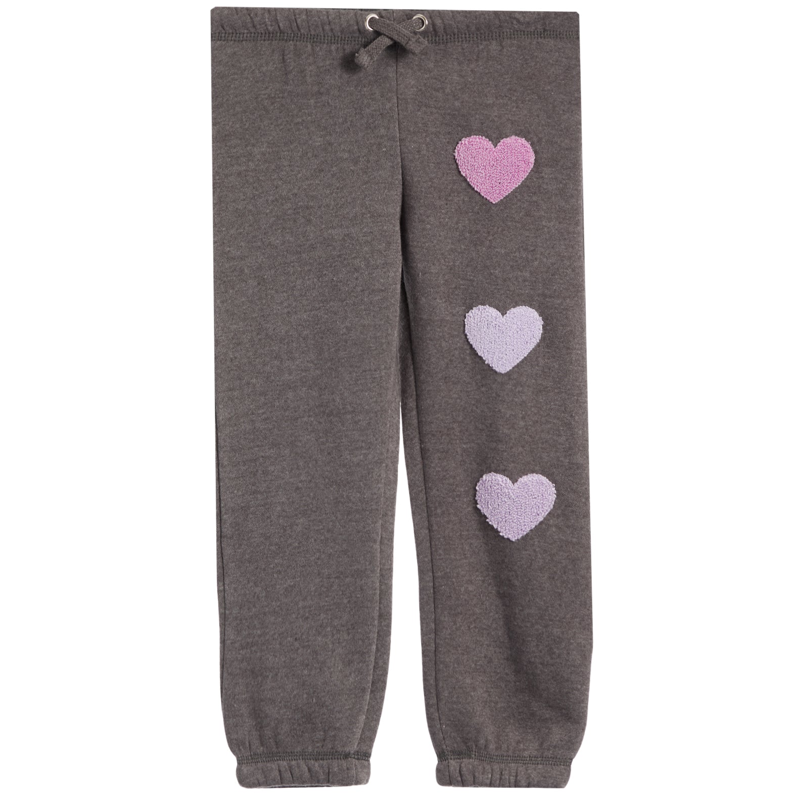 A pair of dark gray heather jogger pants featuring three textured, chenille lavender-pink hearts running down the right leg, with a matching gray heather drawstring waistband.