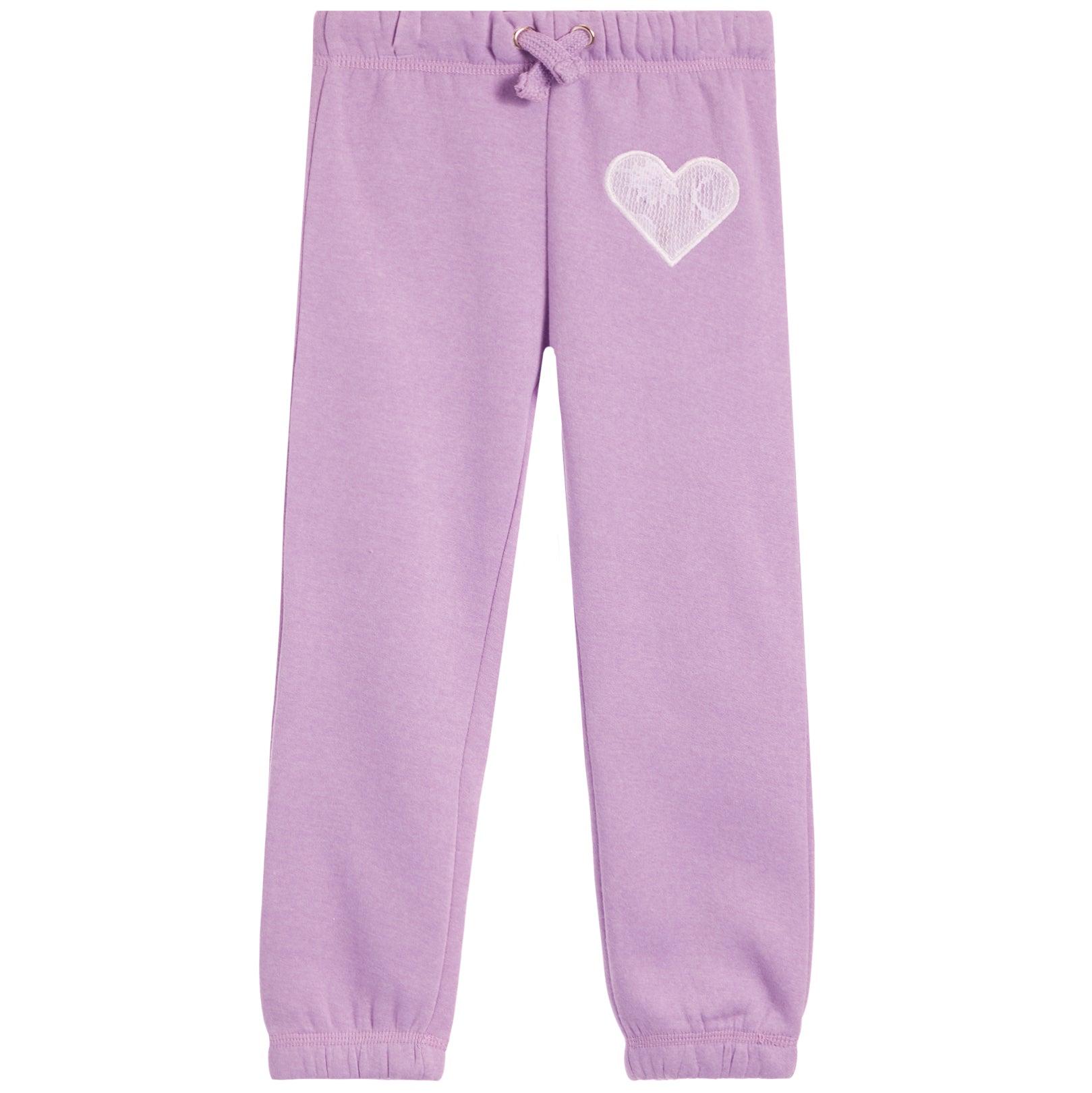 A pair of kids' sweatpants in light purple, featuring an embroidered white heart on the upper left leg and elastic cuffs at the ankles.