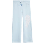 Light blue sweatpants featuring a white rhinestone-embellished wing graphic on the left leg and a matching drawstring waist.