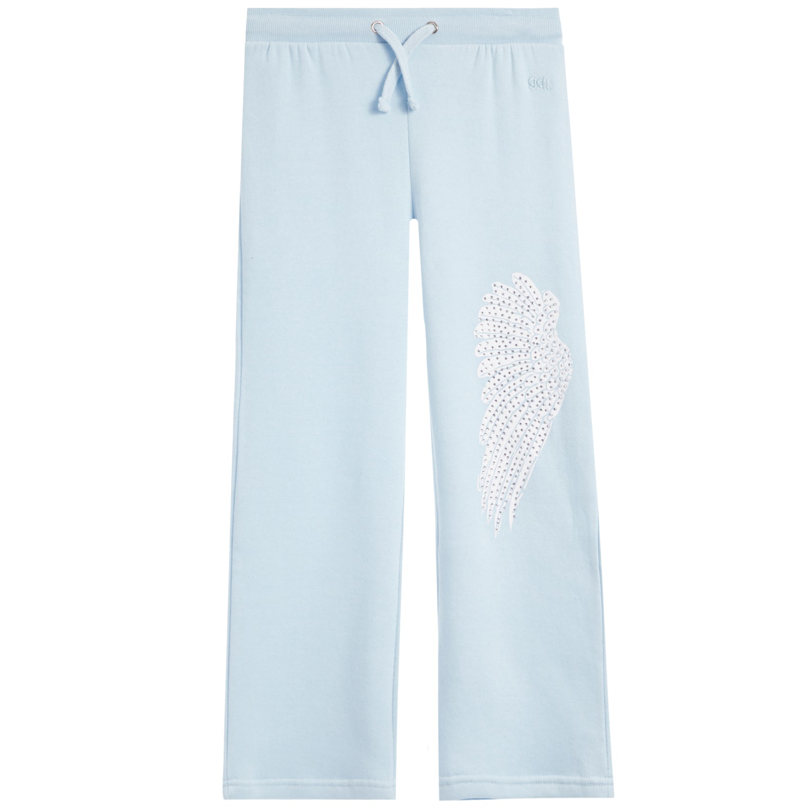Light blue sweatpants featuring a white rhinestone-embellished wing graphic on the left leg and a matching drawstring waist.