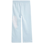 Light blue wide-leg sweatpants featuring a white rhinestone-embellished angel wing graphic on the left leg, displayed against a solid white background.
