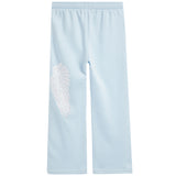 Light blue wide-leg sweatpants featuring a white rhinestone-embellished angel wing graphic on the left leg, displayed against a solid white background.