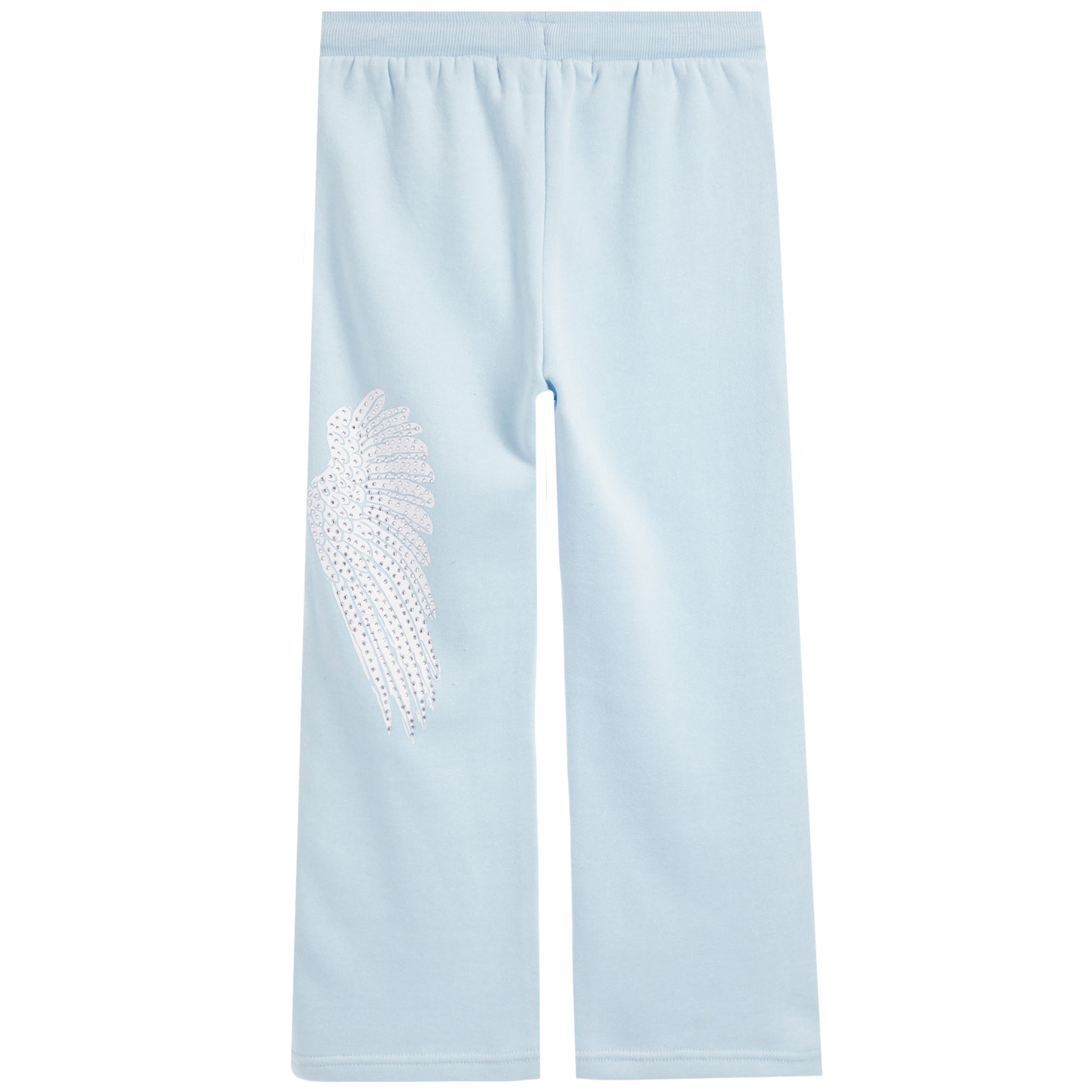 Light blue wide-leg sweatpants featuring a white rhinestone-embellished angel wing graphic on the left leg, displayed against a solid white background.