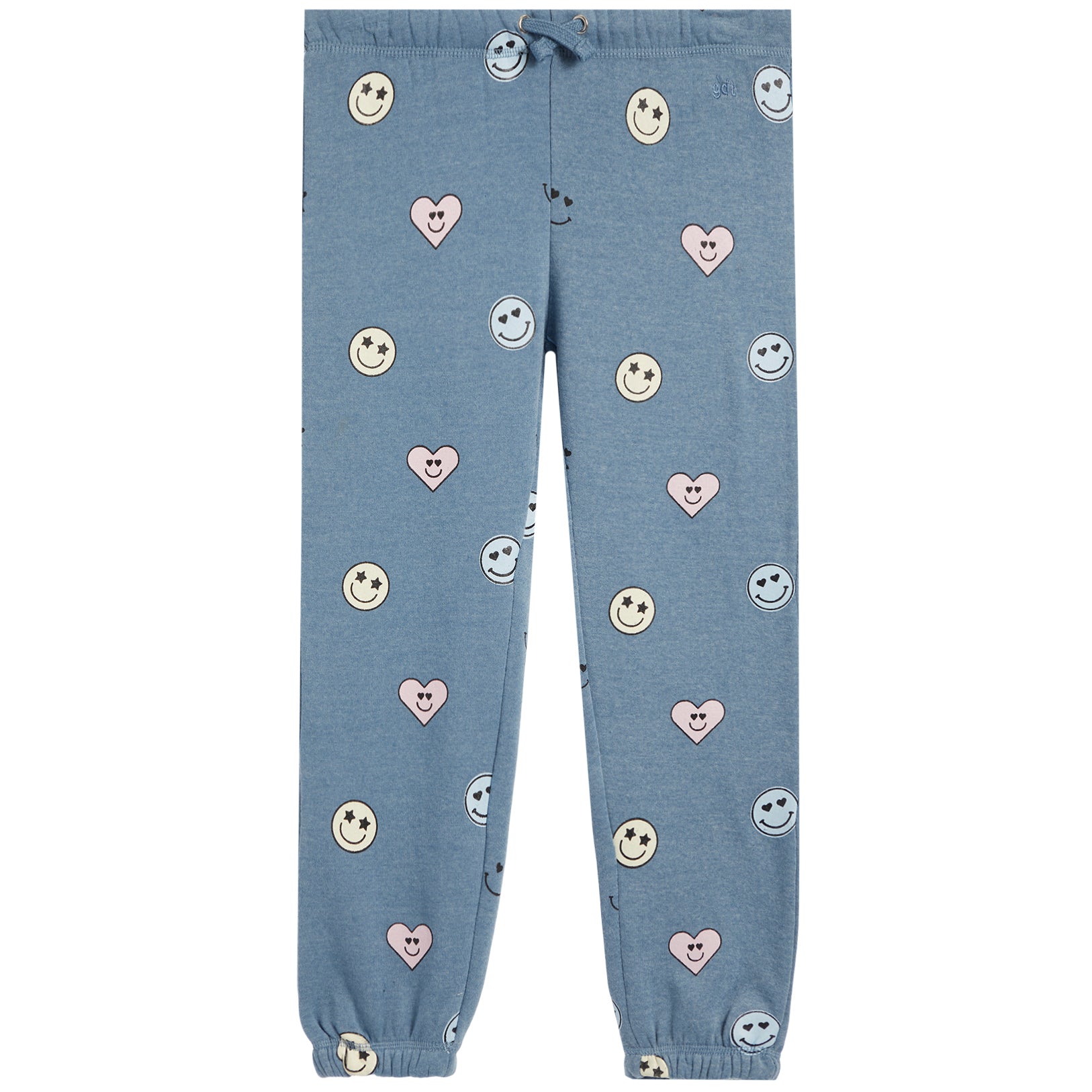 Light blue jogger pants with an all-over pattern of smiley faces and hearts in pink, cream, and blue, shown flat against a white background.