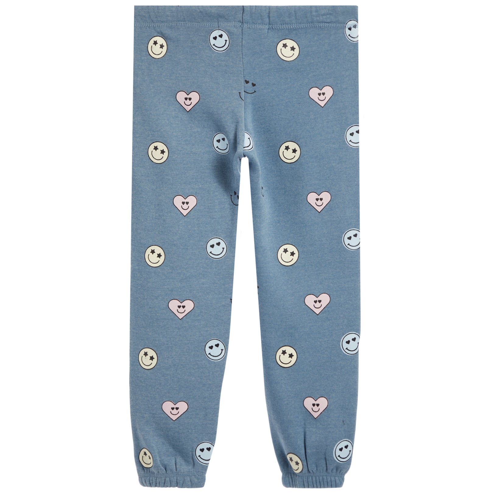 Light blue jogger pants with an all-over pattern of smiley faces and pink hearts, shown flat against a white background.