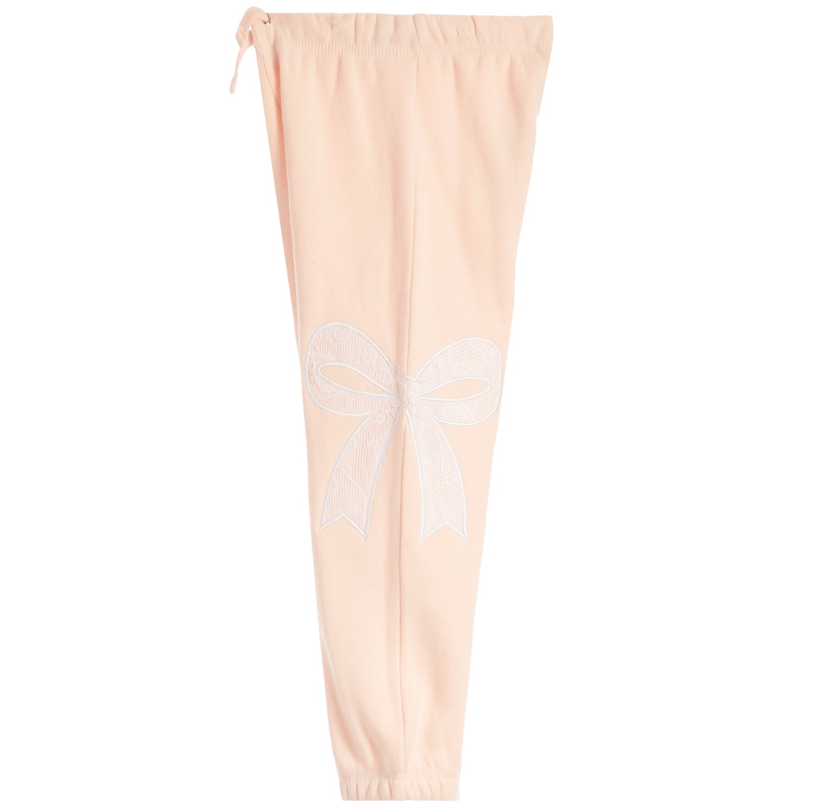 Light peach pink jogger pants featuring a white embroidered bow design on the left leg, with an elastic waistband and drawstring.