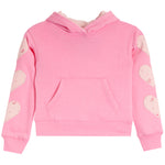 A pink children's pullover hoodie with heart-shaped patches on the sleeves, shown against a plain white background.