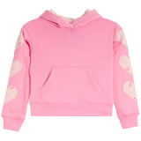 A pink children's pullover hoodie with heart-shaped patches on the sleeves, shown against a plain white background.
