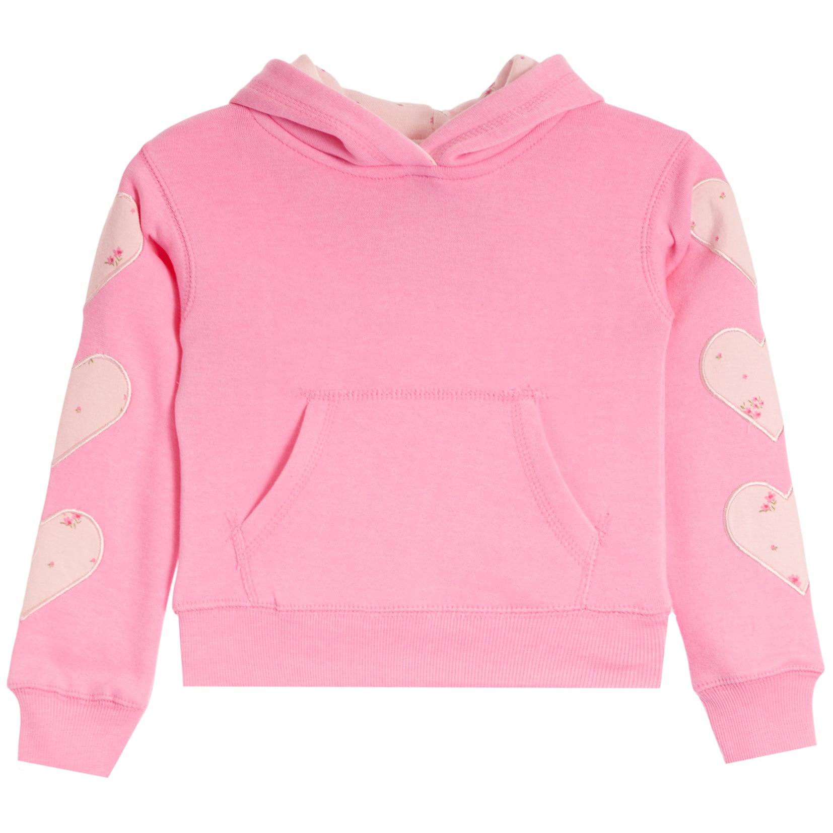 A pink children's pullover hoodie with heart-shaped patches on the sleeves, shown against a plain white background.