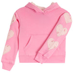 A pink children's pullover hoodie with beige heart-shaped patches and small pink floral details on the sleeves, shown on a plain white background.
