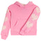 A pink children's pullover hoodie with beige heart-shaped patches and small pink floral details on the sleeves, shown on a plain white background.